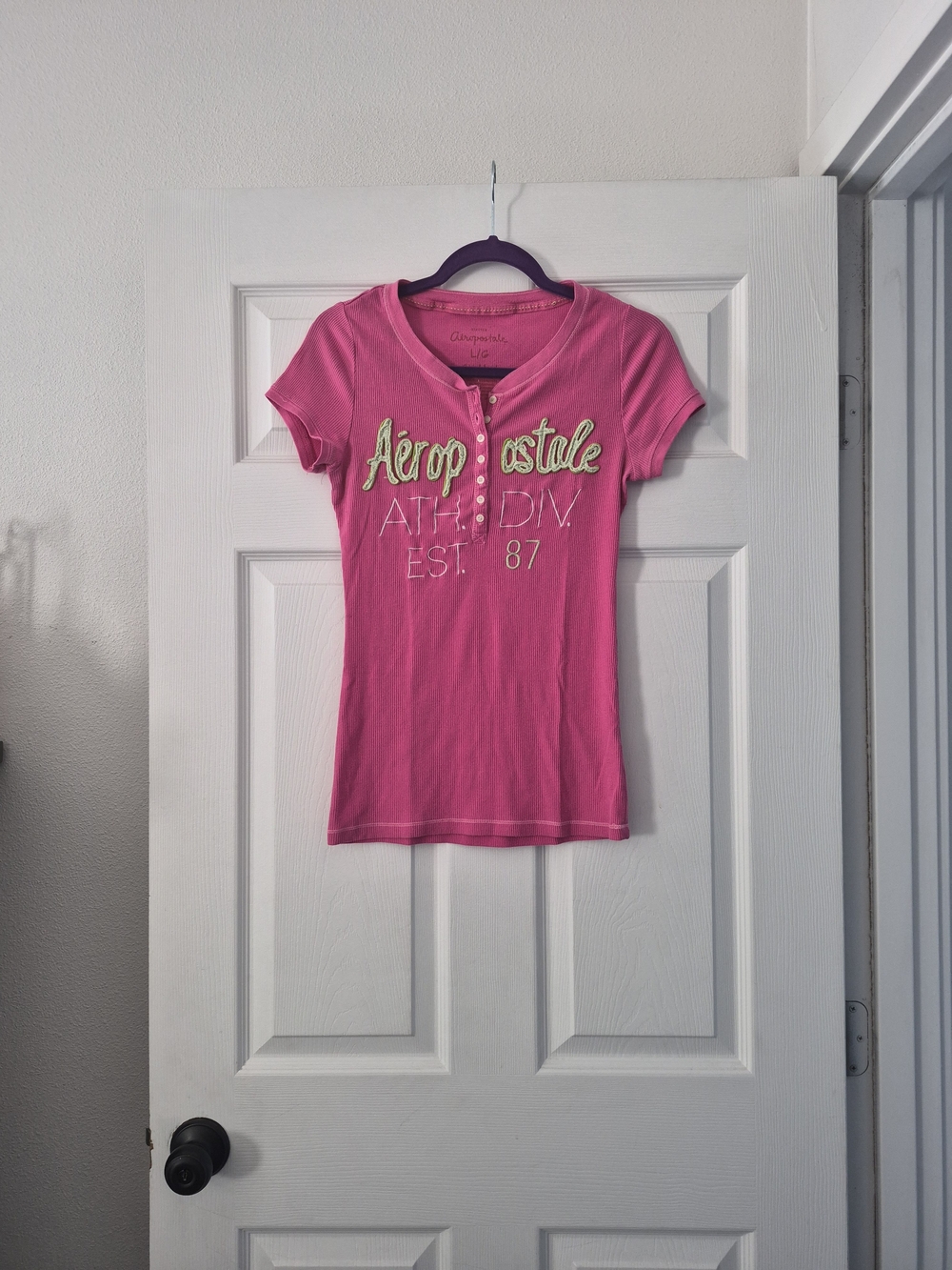 Aeropostale Women's Pink Short-Sleeve Henley Top